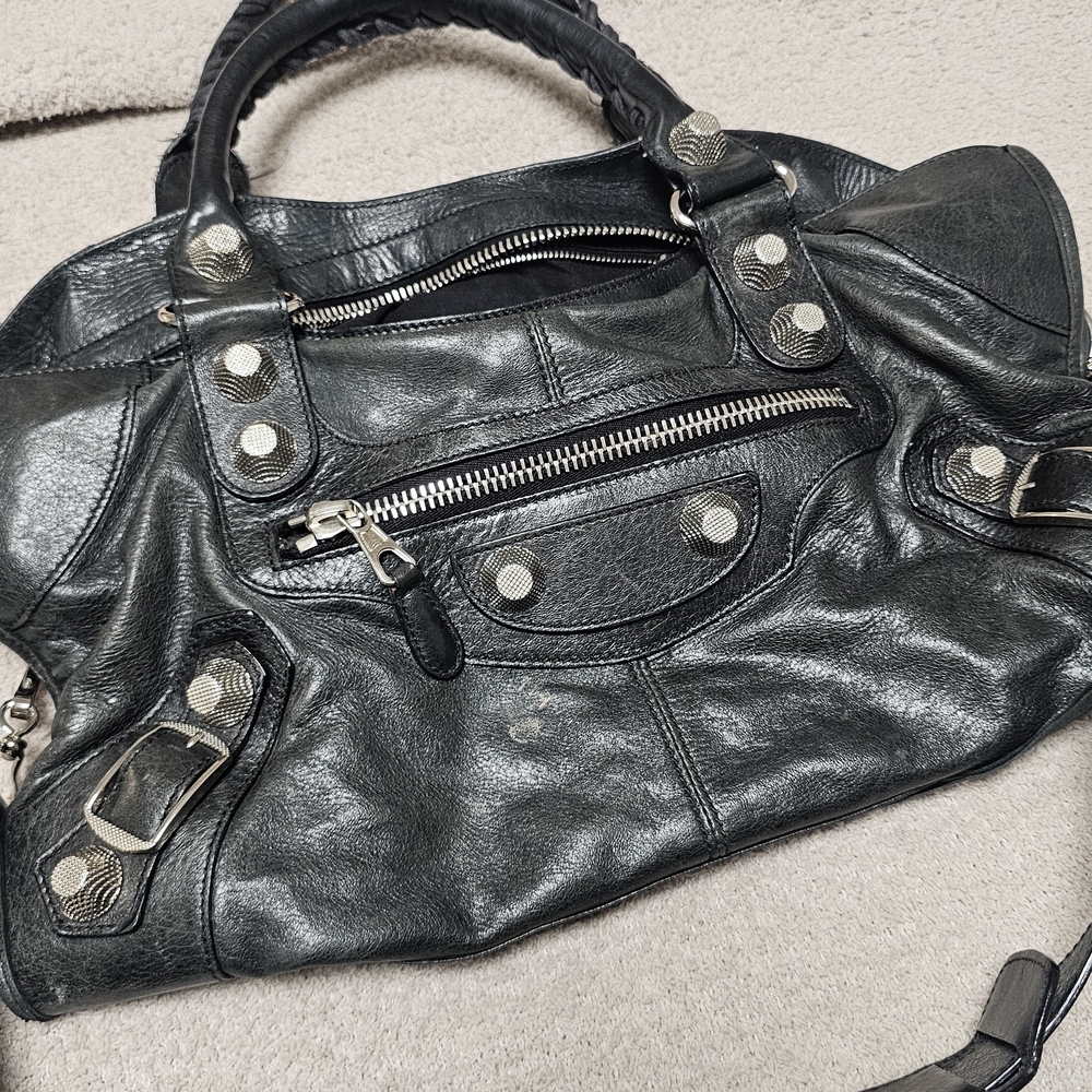 Balenciaga Black Leather Handbag with Silver Accents